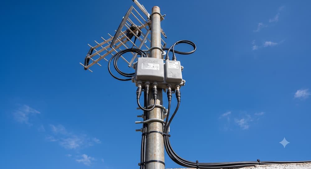 Instalación profesional de un amplificador de mástil para antena TV en el exterior del tejado.