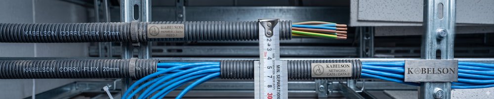 Separación correcta entre cableado eléctrico y cableado de redes LAN para conexiones Ethernet estables.