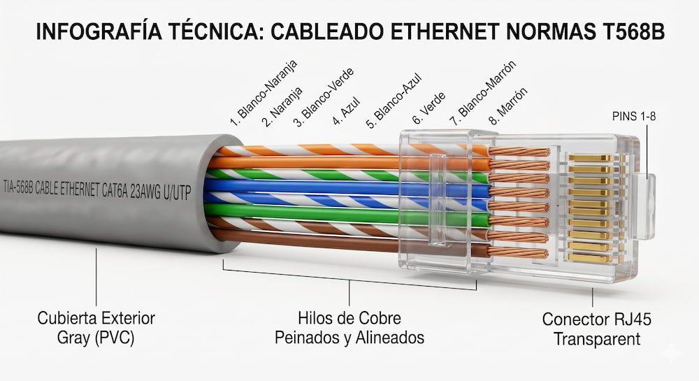 Infografía técnica con el código de colores RJ45 para una correcta conexión tipo B en cables de red Ethernet.