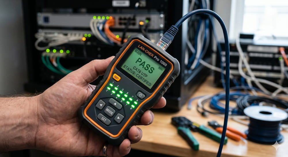 Técnico testeando una conexión de cable de red RJ45 con un certificador para validar las conexiones Ethernet.