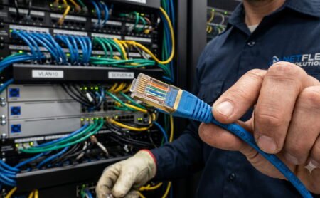 Técnico profesional mostrando una conexión de cable de red con clavija RJ45 tipo B en un rack de servidores de cableado LAN.