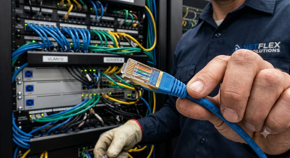 Técnico profesional mostrando una conexión de cable de red con clavija RJ45 tipo B en un rack de servidores de cableado LAN.