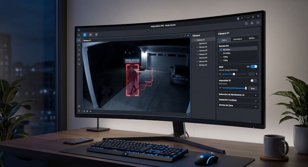 Interfaz de software de vigilancia mostrando ajustes técnicos y detección inteligente de movimiento.