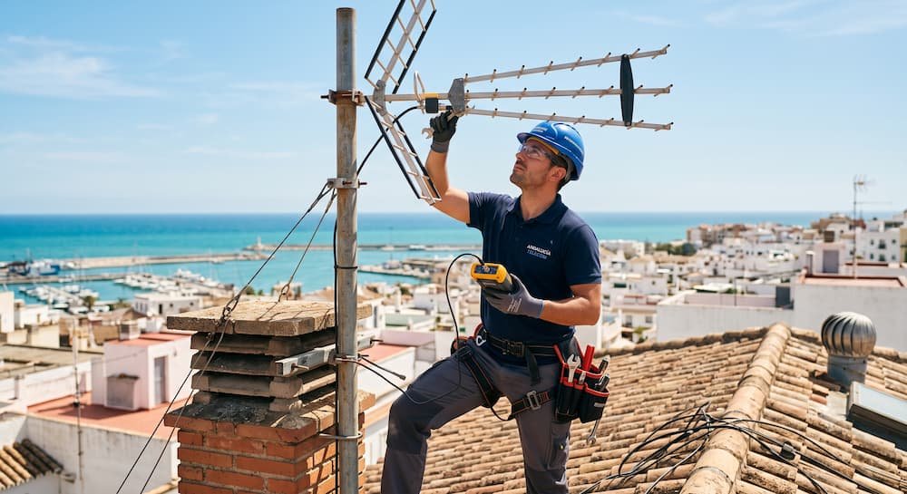Técnico profesional revisando la instalación de antena de televisión en un tejado de Cádiz.