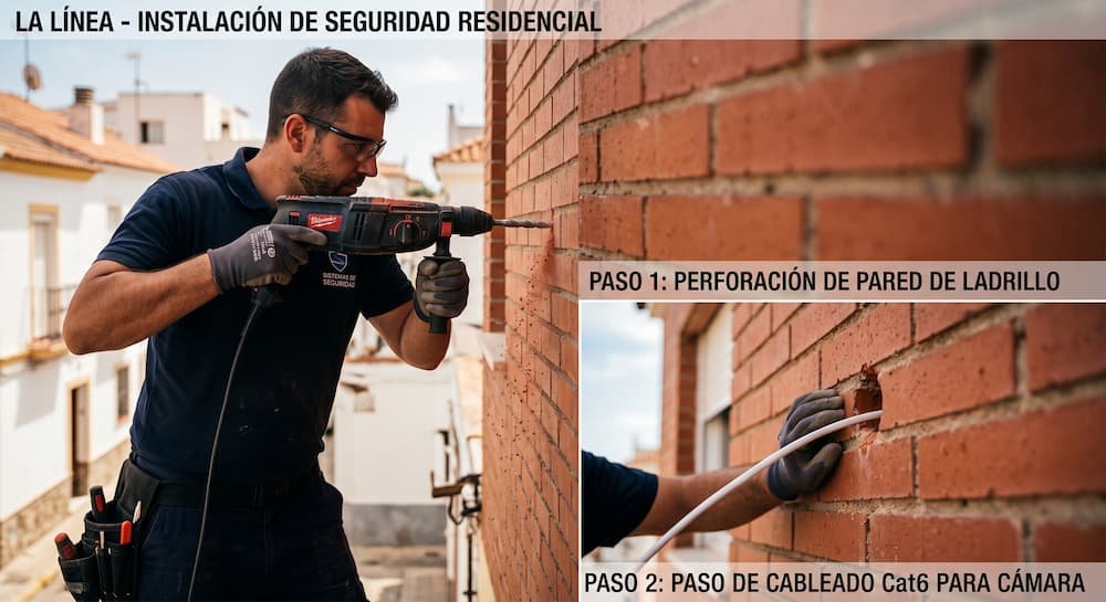 Taladrando el muro exterior para pasar el cable de red de la cámara de seguridad de forma oculta.