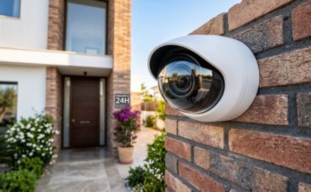 Cámara de seguridad exterior moderna instalada profesionalmente en la fachada de una casa.