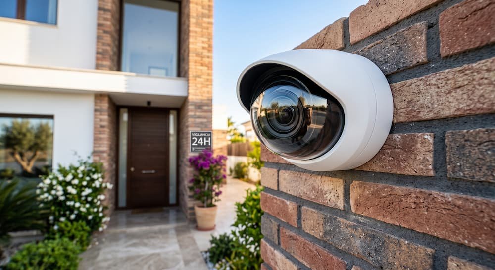 Cámara de seguridad exterior moderna instalada profesionalmente en la fachada de una casa.
