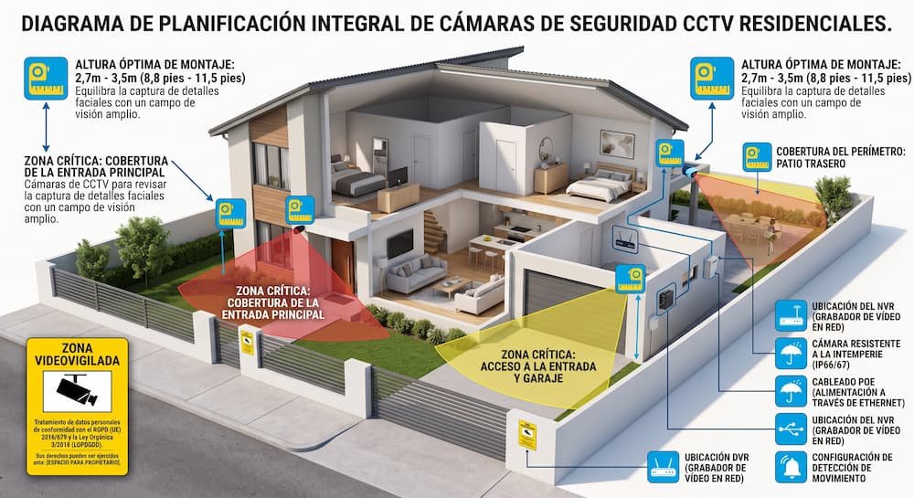 Infografía técnica sobre la planificación y ubicación ideal de un sistema de cámaras de seguridad.