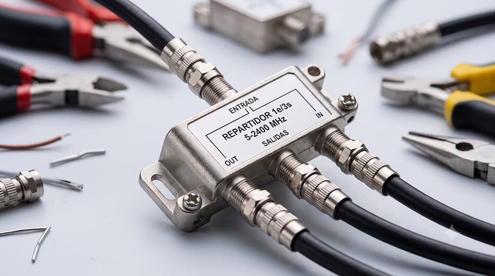 Repartidor antena TV profesional conectado para dividir la señal entre varios televisores HD.
