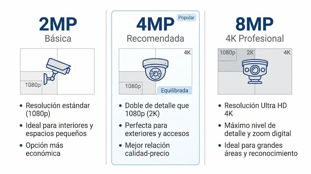 Infografía comparativa de resoluciones en cámaras de videovigilancia: 2MP, 4MP y 8MP (4K).