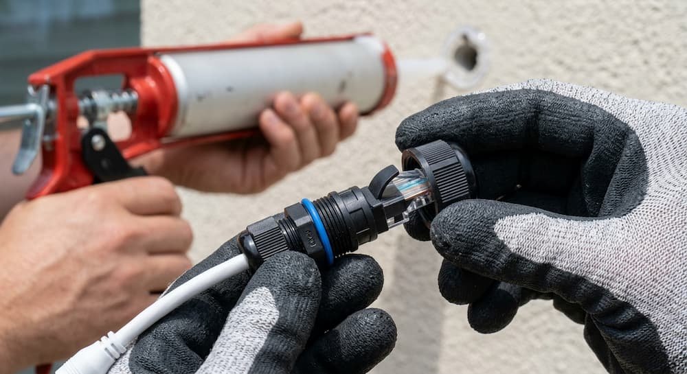 Proceso de encapsulado IP67 y sellado con silicona de la conexión de red de una cámara CCTV.