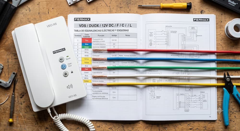 Tabla de equivalencias y esquema de 5 hilos para instalación de telefonillo universal Fermax en Cádiz.