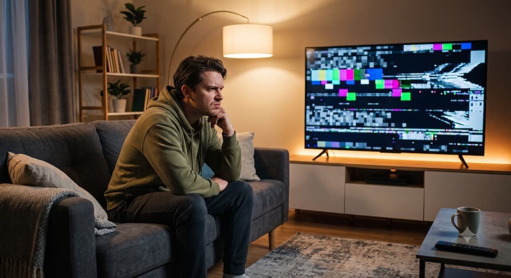 Persona frustrada viendo la televisión pixelada por culpa de una mala señal de antena