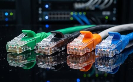 Conectores RJ45 transparentes de diferentes tipos de cables Ethernet en colores verde, negro, naranja y azul.