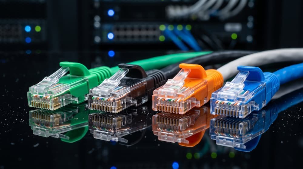 Conectores RJ45 transparentes de diferentes tipos de cables Ethernet en colores verde, negro, naranja y azul.
